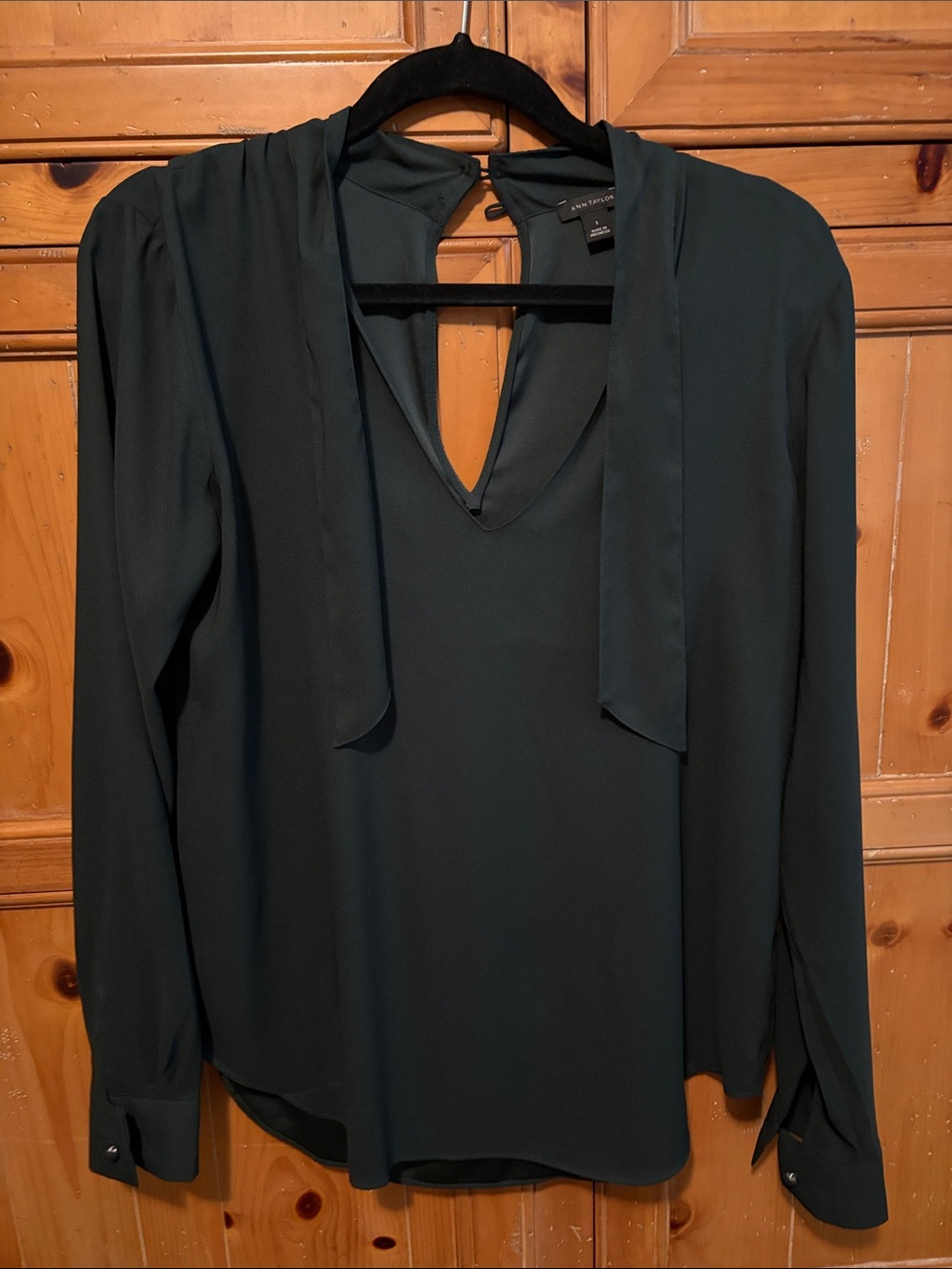 Ann Taylor Forest Green Tie-Neck Blouse
